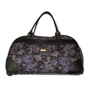Gloria Vanderbilt Black Purple Floral Wheeled Travel Shopping Duffle Bag 20”